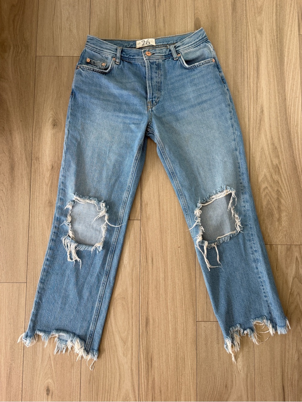 We The Free Distressed Straight Leg Jeans in Light Blue